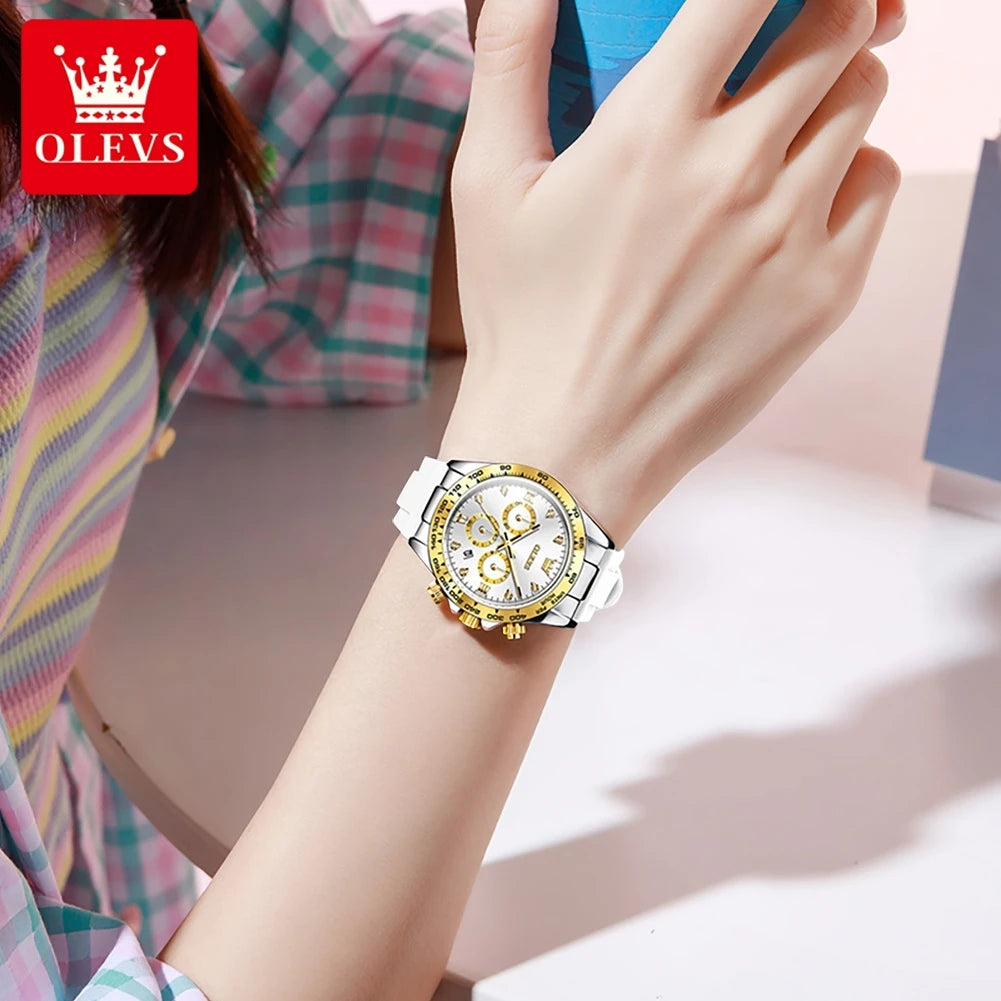 OLEVS 5618 Damenarmbanduhren Mode Kalender Quarzuhr für Damen Luxus Chronograph Wasserdichtes Silikonarmband Damenuhr