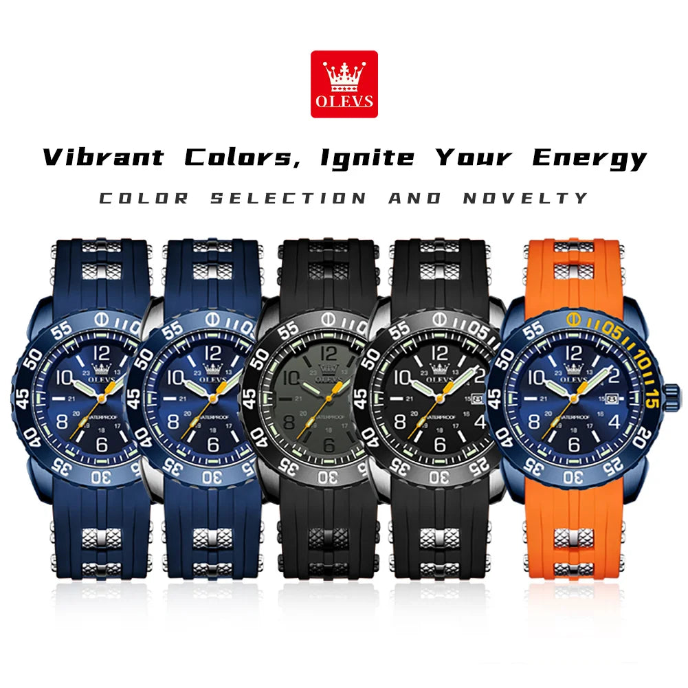 OLEVS 3688 Neue Herrenuhr Wasserdichte Quarzuhr für Herren Hochhärte-Spiegel Leuchtende Original Herren-Armbanduhr Silikonarmband