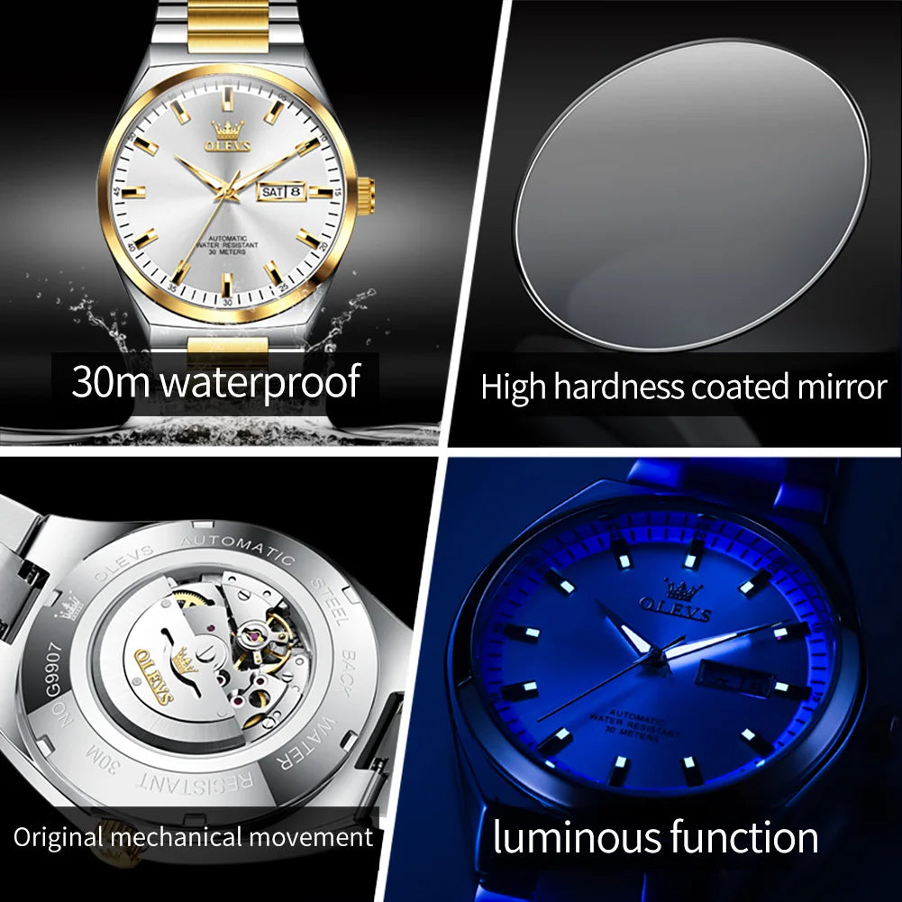 OLEVS 9907 Watches For Man Luxury Business Automatic Mechanical Wristwatch Waterproof Luminous Original Sport Week Date Watches