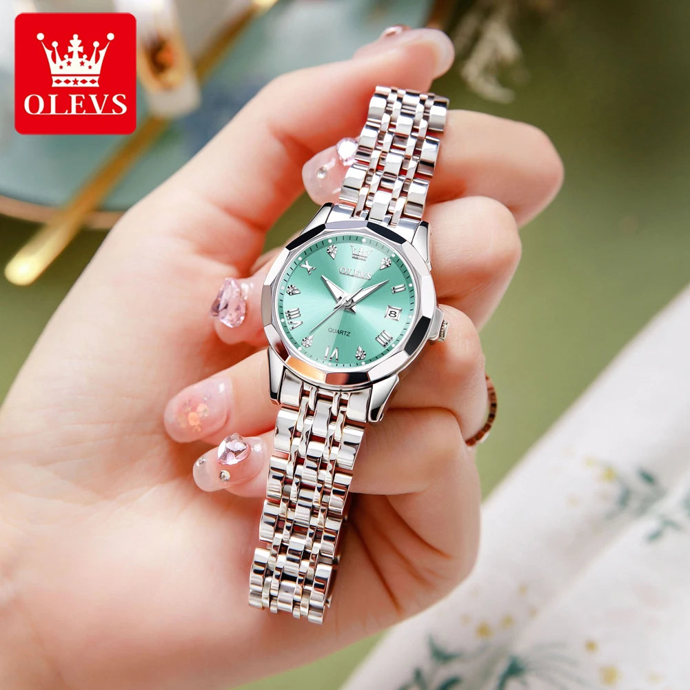 OLEVS 9931 Original Quartz Watches For Woman Rhombus Mirror Waterproof Luminous Stainless Steel Wrist Watches Calendar New