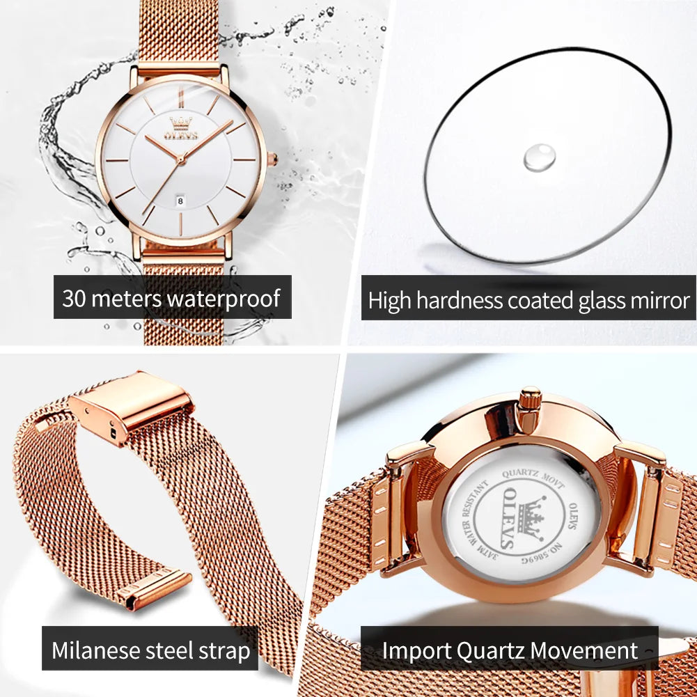 OLEVS Kadın Saati Japon Kuvars Mekanizma 6.5mm Kasa Kalınlığı Su Geçirmez Kadın Kol Saati Takvim Moda Elbise Kol Saati