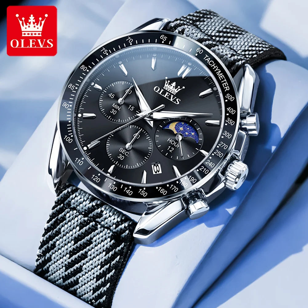 OLEVS 3630 Quarz Herrenuhr Datum Chronograph 24-Stunden-Mondphase Wasserdichte Uhr für Herren Mode Nylonarmband Original Armbanduhr