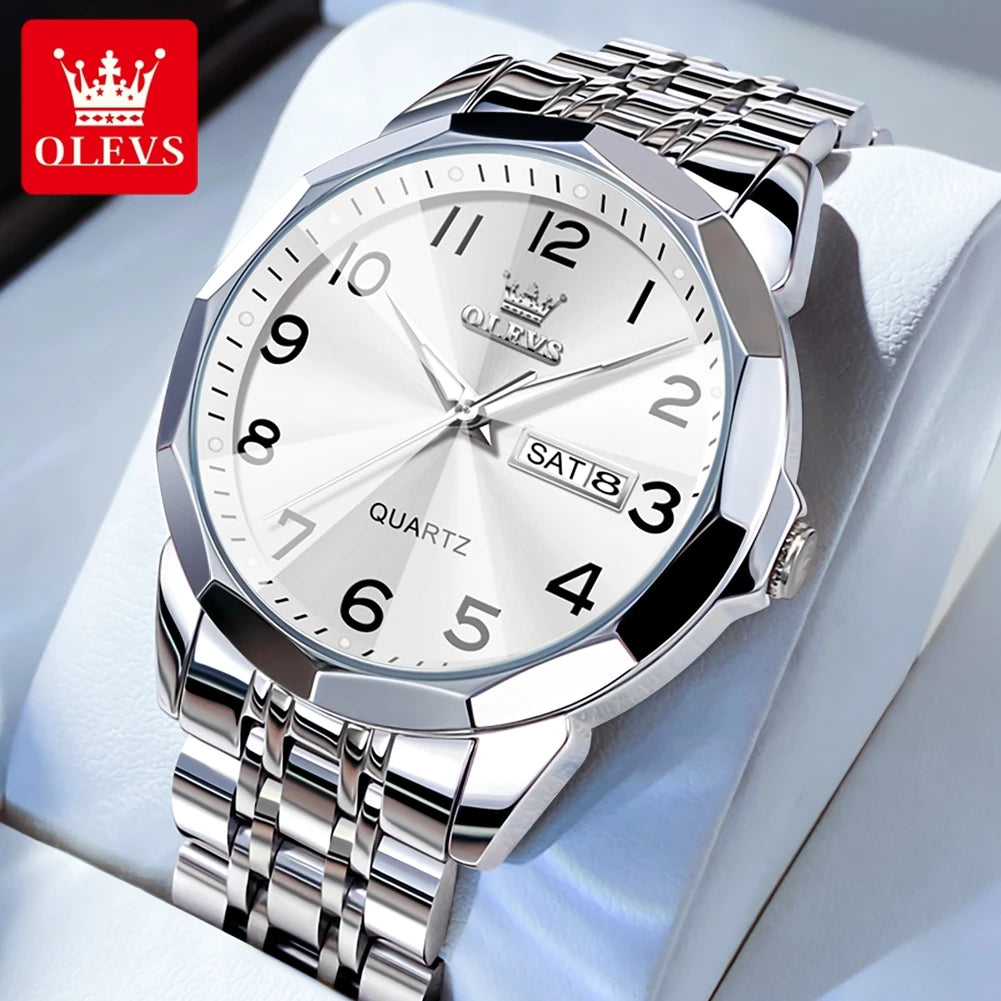 OLEVS 9970 Couple Watch For Men Women Luxury Number Dial Rhombus Mirror Quartz Hand Clock Stainless Steel Original Dress Watches