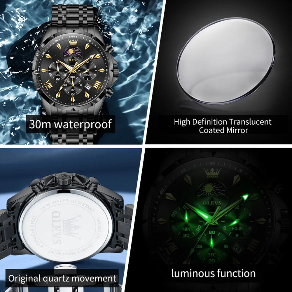 OLEVS 3653 Herrenuhr Original Chronograph Quarz Armbanduhr Stahlband Mondphase Datum Wasserdicht Top Marke Herrenuhr