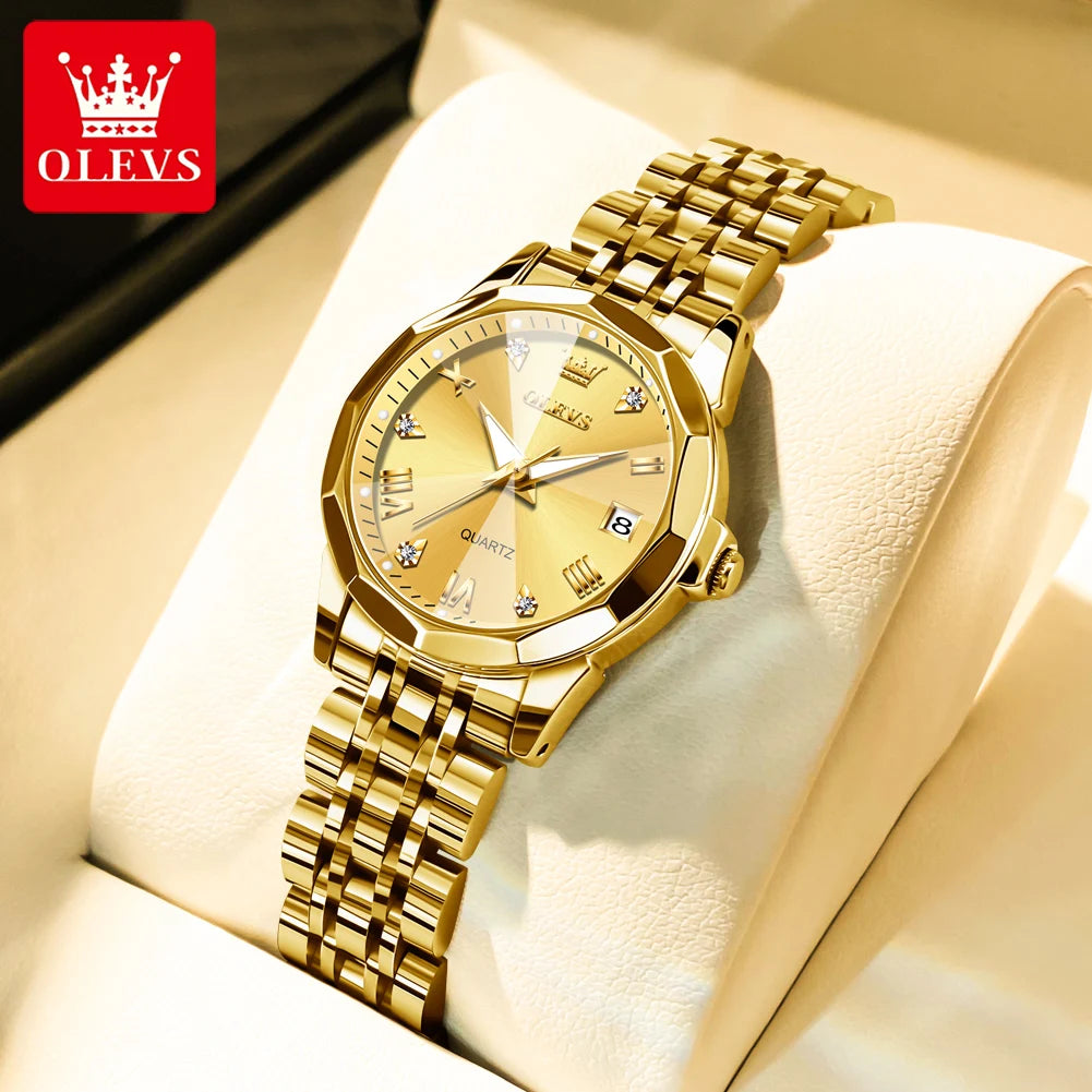 OLEVS 9931 Original Quartz Watches For Woman Rhombus Mirror Waterproof Luminous Stainless Steel Wrist Watches Calendar New