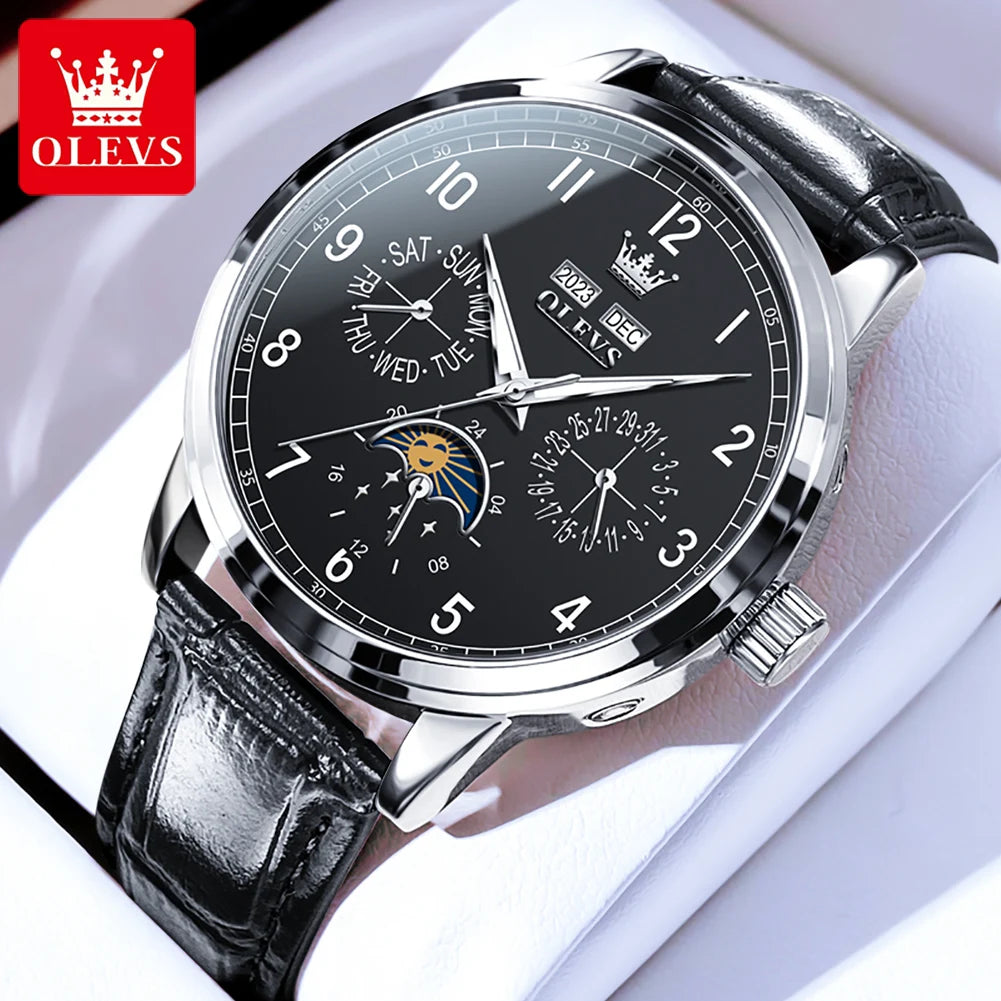 OLEVS 6698 Erkek Otomatik Saat Numaralı Kadran Ay Fazı Mekanik Saat Erkekler İçin 42mm Büyük Kadran Su Geçirmez Deri Erkek Kol Saati