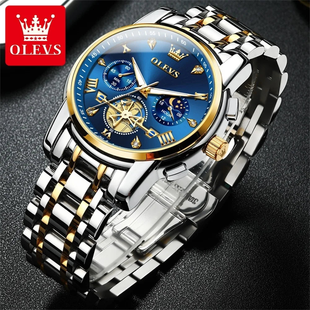 OLEVS 42mm Herrenuhr mit großem Zifferblatt, Mondphase, 24-Stunden-Anzeige, wasserdichte Quarz-Herrenarmbanduhr, Original Luxus Armbanduhr 2856