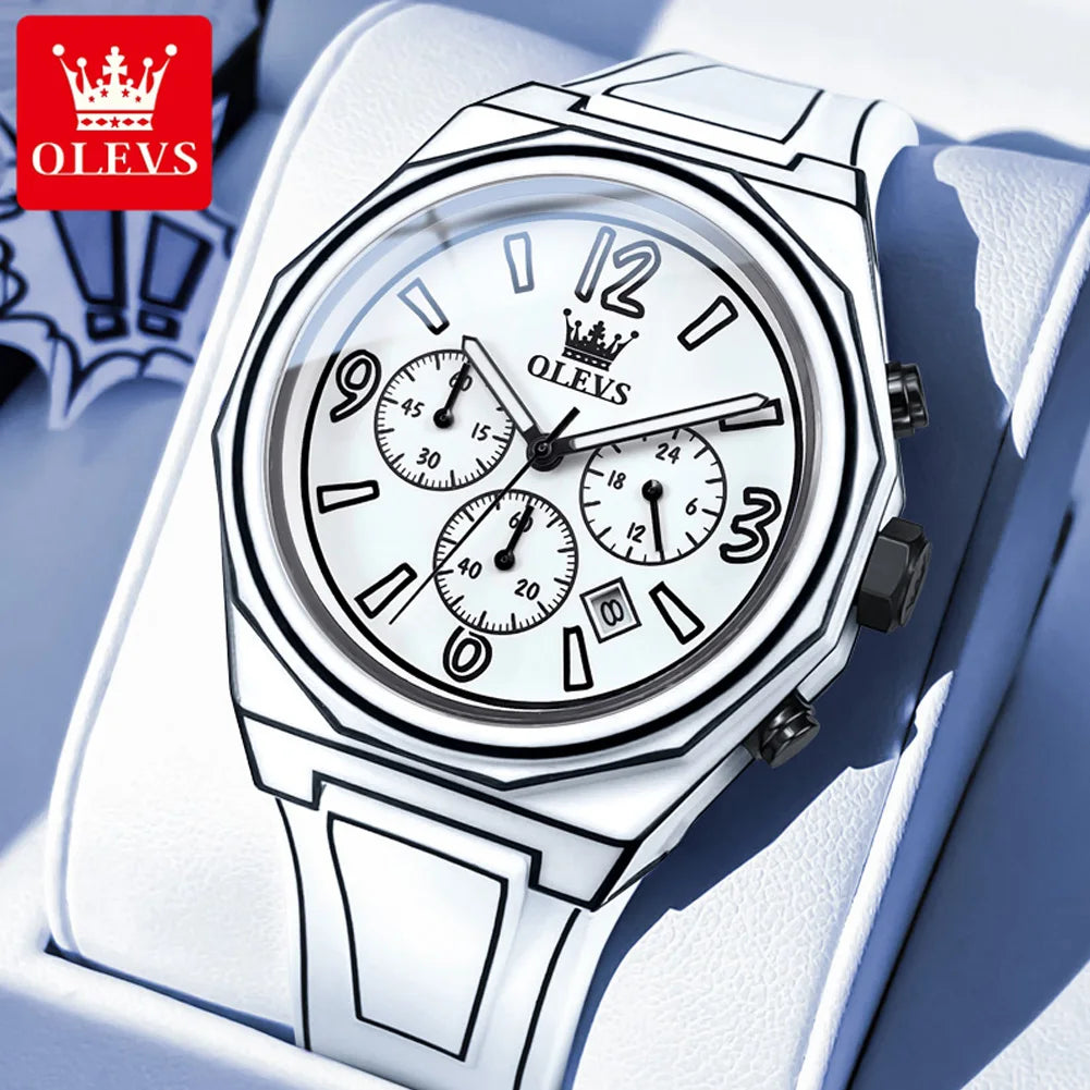 OLEVS 5622 Comic Style Quartz Watch For Men Chronograph Waterproof Luminous Hand Clock Number Scale Date Silicone Man Watches
